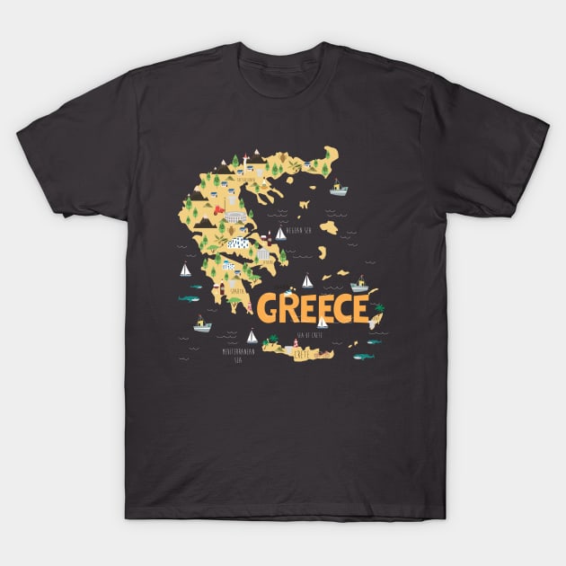 Greece Illustrated Map T-Shirt by JunkyDotCom